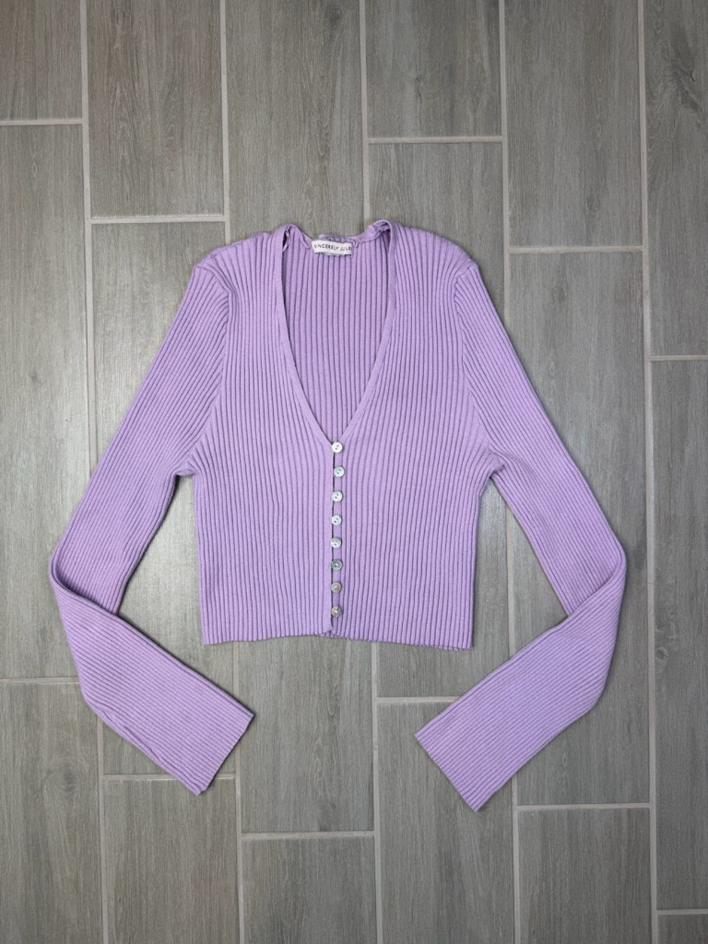 Sincerely Jules Lavender Ribbed V-Neck Button-Up Crop Sweater